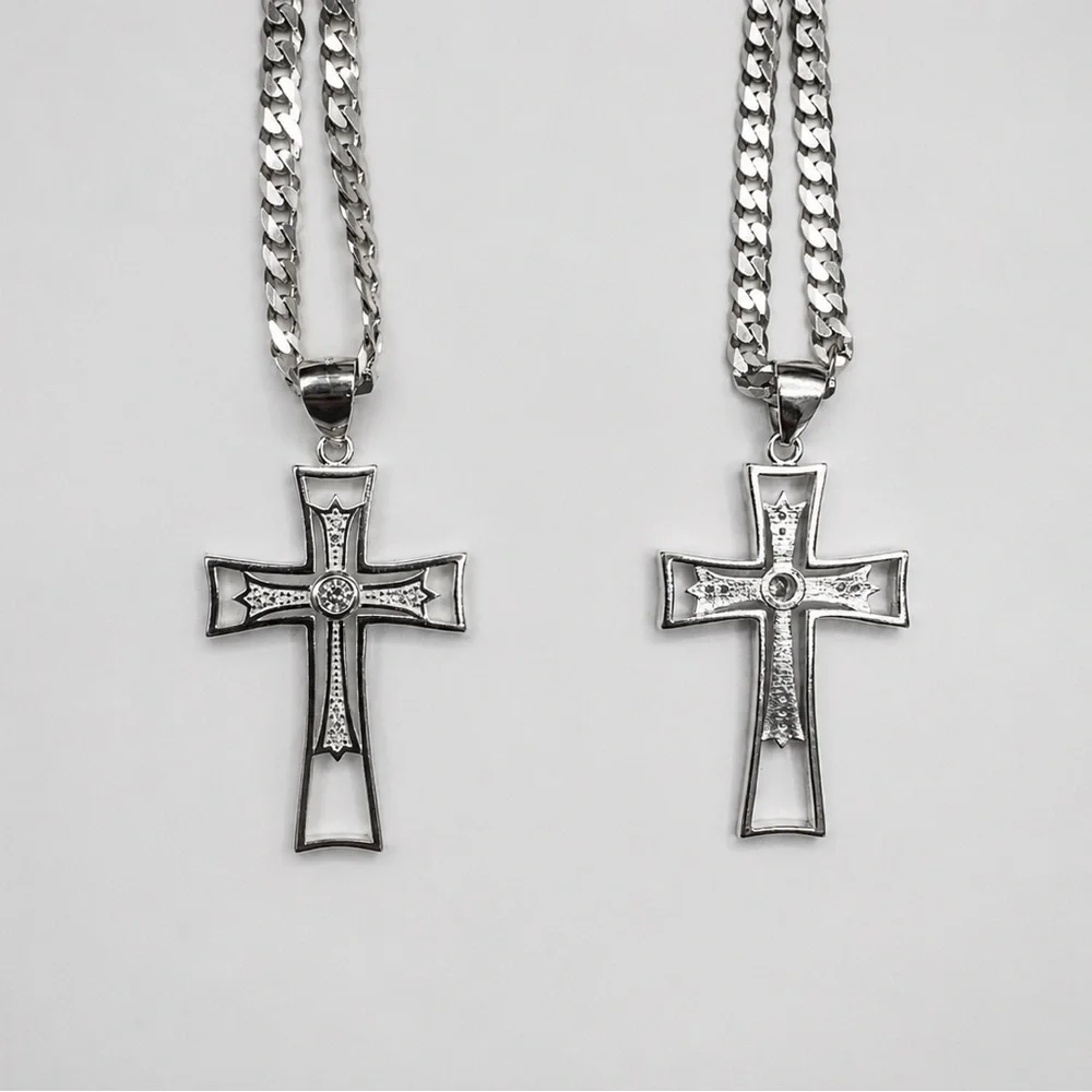 925 Sterling Silver Cubic Zirconia Cross Pendant Necklace - Silver Jewelry 24”